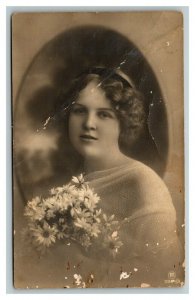 Vintage 1900's RPPC Postcard German Studio Portrait Cute Woman with Flowers