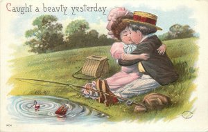 Postcard C-1910 Fishing romance Caught a beauty humor Country Series 23-2348