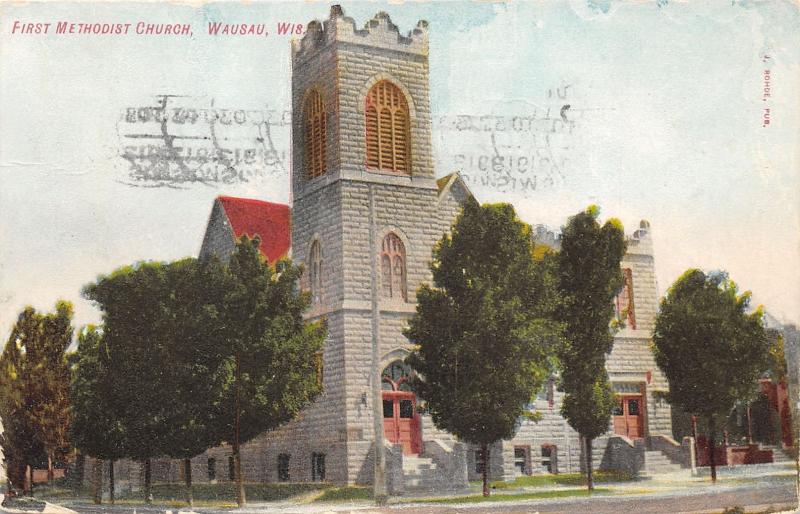 Wausau Wisconsin~First Methodist Church~Stone Building with Large Tower~1913 Pc