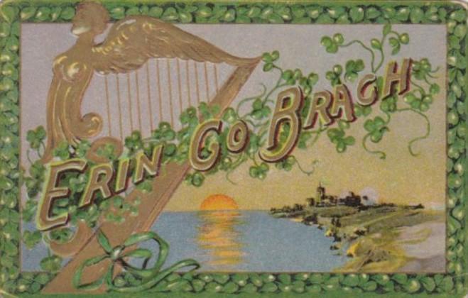 St Patrick's Day With Landscape Scene Gold Harp and Shamrocks 1915