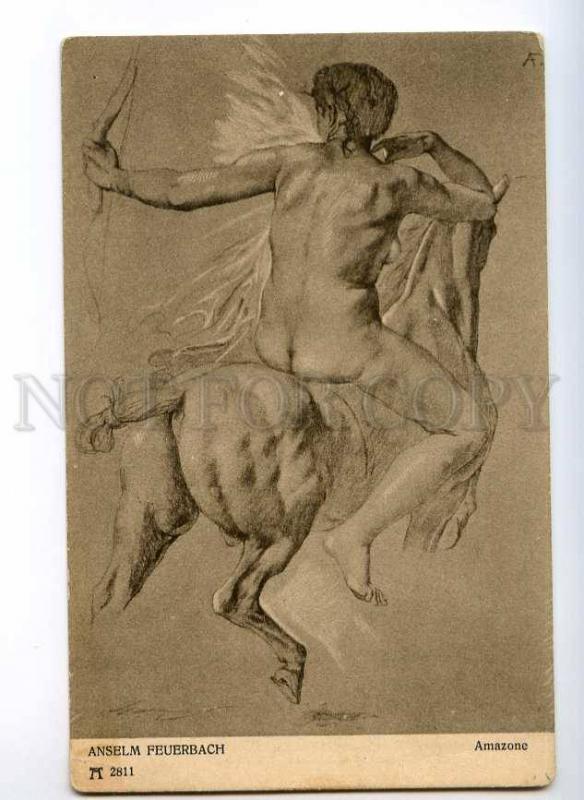 244518 NUDE Woman on HORSE AMAZON by FEUERBACH Vintage PC