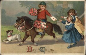 Boy on Pony Hands Letters to Little Girls c1910 Vintage Postcard