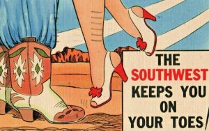 Southwest Texas Cowboy Cowgirl 'on your toes' vintage curt teich postcard vtg