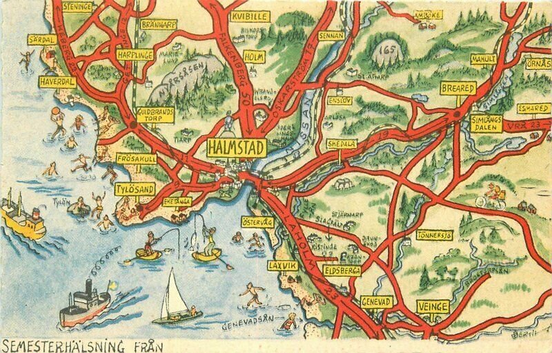 Sweden Halmsted Map Attractions1950s Postcard 21-12123