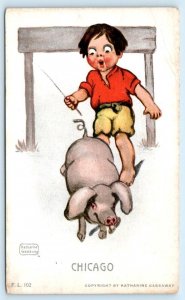 Artist Signed KATHARINE GASSAWAY ~Child & Pig CHICAGO 1900s Rotograph Postcard