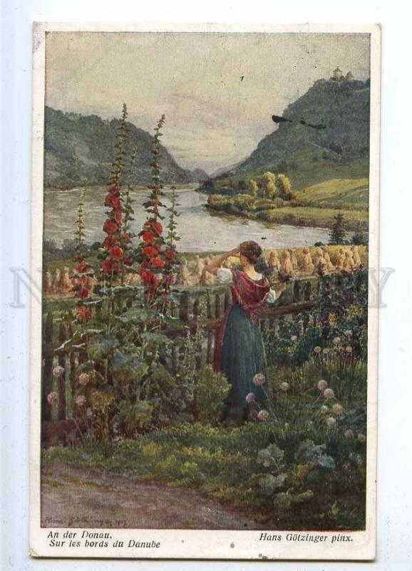 187036 Danube River FLOWERS Woman by GOTZINGER Vintage PC