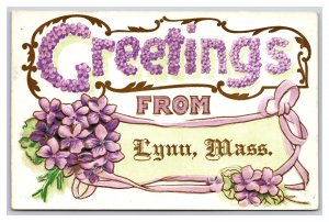 Large Letter Floral Greetings Lynn Massachusetts MA Embossed DB Postcard V15