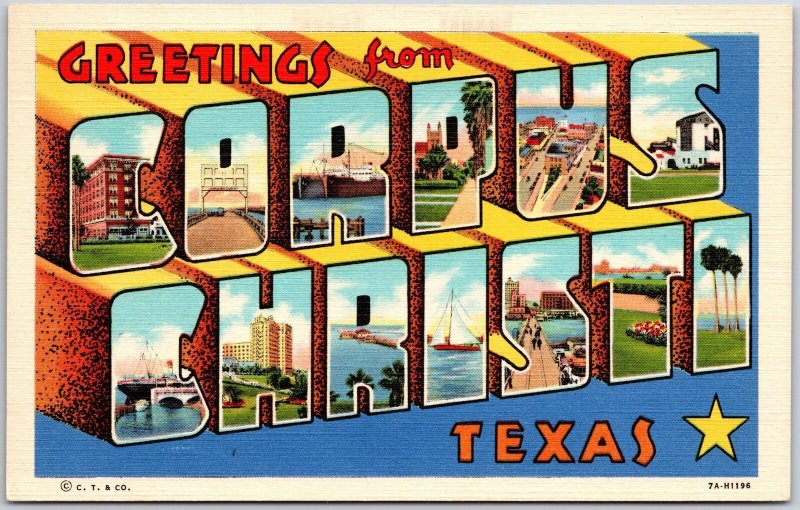 Greetings From Corpus Christi Texas TX Landmarks on Letter Large Letter Postcard