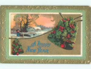 Pre-Linen new year WOMAN ON SNOWY BRIDGE & BELL MADE OF HOLLY k5116