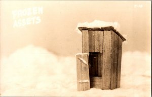 RPPC Miniature Outhouse in Snow, Frozen Assets Vintage Postcard G44
