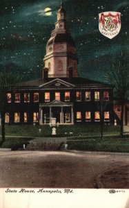 Vintage Postcard 1910's State House at Night Annapolis Maryland MD
