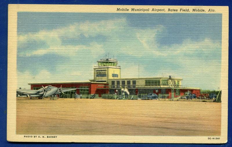 Mobile Alabama al Municipal Airport Bates Field Aviation aircraft postcard
