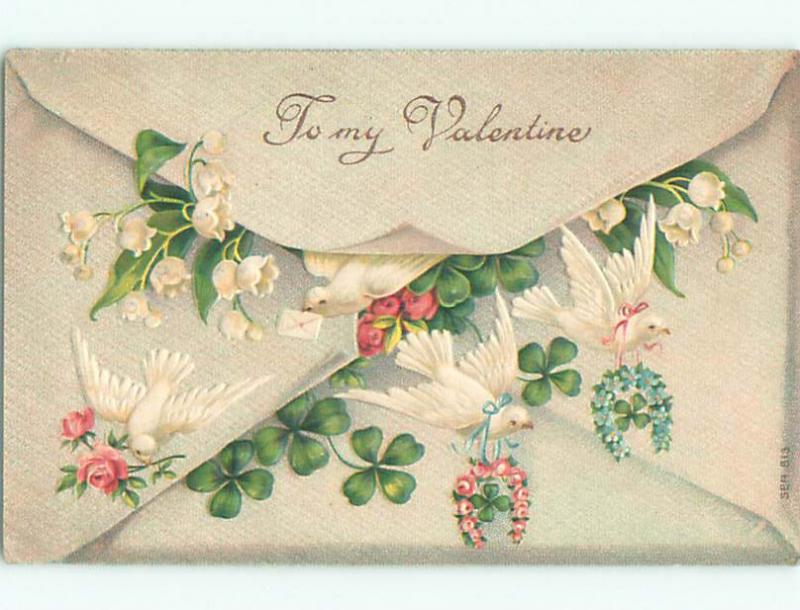 Pre-Linen valentine WHITE DOVE BIRDS FLYING OUT OF ENVELOPE FLAP J0882