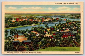 Marietta Ohio~Birds Eye View Of City~Muskingum River Bridges~1940s Linen PC