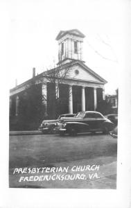 Fredericksburg Virginia~Presbyterian Church~Classic 1940s Cars in Street~RPPC