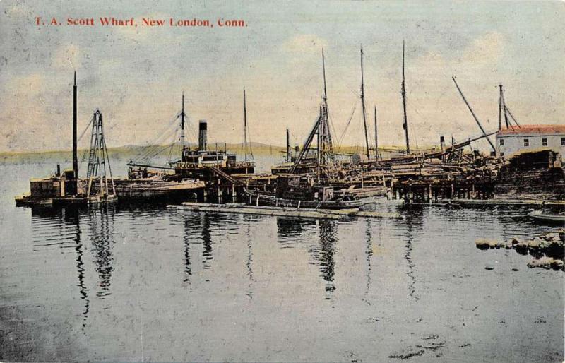 New London Connecticut Scott Wharf Waterfront Antique Postcard K63925