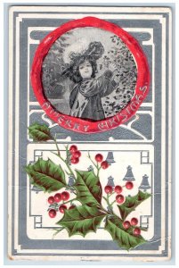 1909 Merry Christmas Girl Holly Berries Embossed Taneytown Maryland MD Postcard 