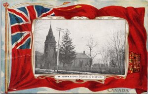 St Johns Church Sandwich Ontario Patriotic Red Ensign Flag Postcard H26 *as is