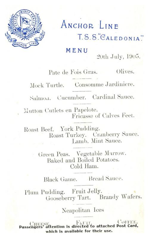 S.S. Caledonia , Anchor Line ,  Menu , bi-fold