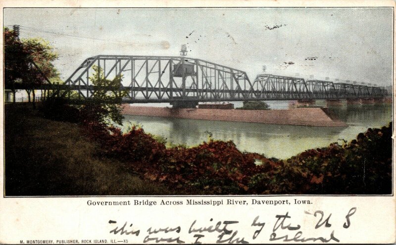 Government Bridge Mississippi River Davenport Iowa Postcard Montgomery UND 1907