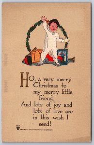 PF Volland Christmas~Poem~Toddler Boy Waves From Toy Pile~Handcolored 1911