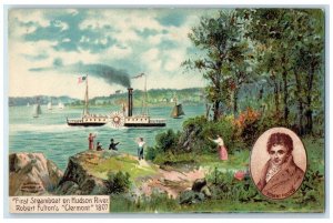 First Steamboat On Hudson River Roberts Fulton's Clermont Embossed Postcard