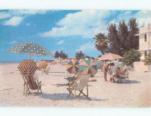 1950's CLOSE-UP OF COLORFUL UMBRELLAS ON BEACH St. Petersburg Florida FL d7626