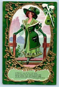 St. Patrick's Day Postcard Pretty Woman Pipe Shamrocks Embossed c1910's Antique