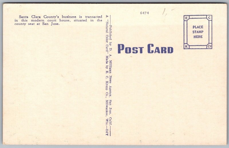 Vtg San Jose California CA County Court House & Hall Of Records 1940s Postcard