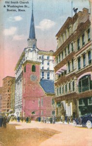 Boston Massachusetts MA~Old South Church & Washington Street Scene Postcard