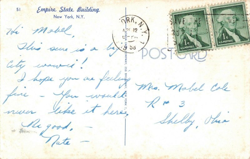 c.1958 Empire State Building New York City Hotel Dryden Postcard 10c1-253 