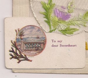 Scotland UK, Novelty PC w Embroidered Lace & Insert Card, Thistle WWI Era, 1914