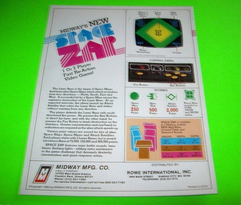 Space Zap Arcade Flyer 1980 Original NOS Video Game Sci-Fi Retro Artwork