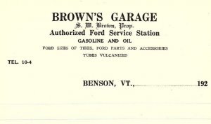 1920 BENSON VT BROWN'S GARAGE AUTHORIZED FORD SERVICE STATION  BILLHEAD  Z4205