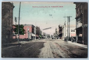 Mt. Pleasant Michigan MI Postcard Broadway Looking East Business Section 1913