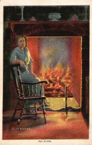 Vintage Postcard 1910's All Alone Woman In Fireplace Fireside Series