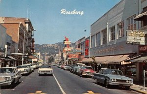 ROSEBURG, OREGON Jackson Street Scene Rexall 1960s Cars Vintage Postcard