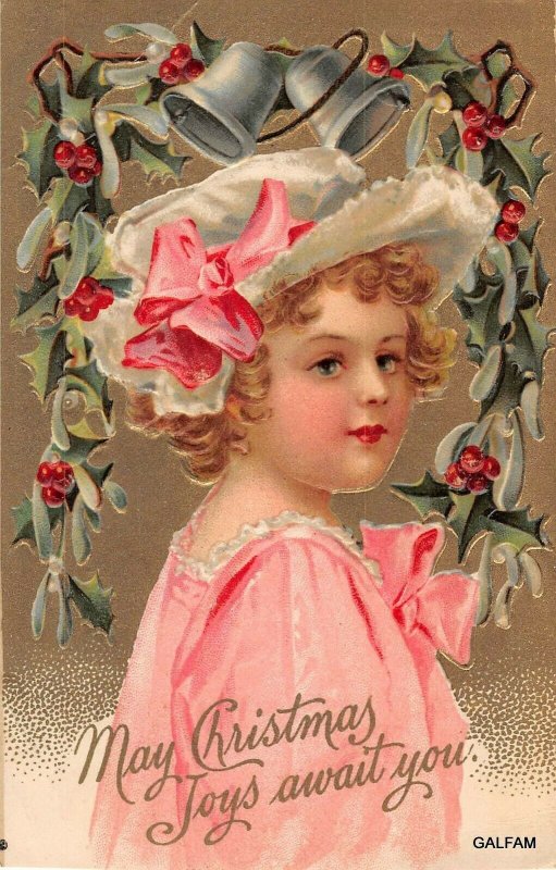 AH119 Girl pink dress gold background International art Christmas postcard 