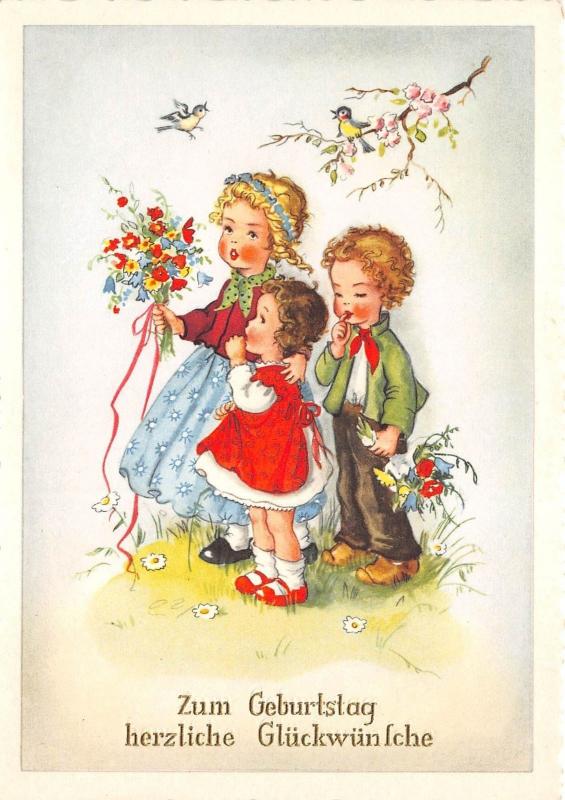 BG20694 bird children with flower  birthday  geburtstag   germany