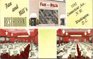 Linen Postcard Fan and Bill's Restaurant 1132 Connecticut Ave Washington D.C.