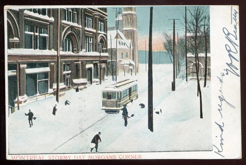 h3154 - MONTREAL Quebec Postcard 1905 Morgans Corner. Tram. Snow Storm