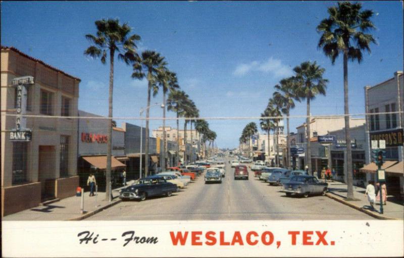 Weslaco TX Street Scene Old 1950s Cars Postcard