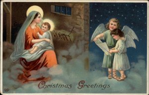 EAS Christmas Mary with Baby Jesus Little Girl Angels c1910 Gel Postcard