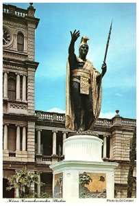 King Kamehameha Statue Bedecked With Leis On His Birthday Hawaii Postcard 1977