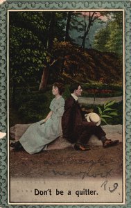1910 Don't Be Quitter Lovers Sitting on Big Rock Stone Artwork, Vintage Postcard