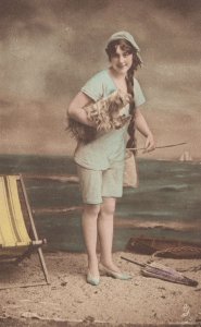 The Holiday Girl Hand Coloured Beauty Tinted Old WW1 Boat Sea Postcard