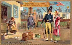 B039 US Dock Landing on the Clermont Steamer Couple Flag embossed postcard
