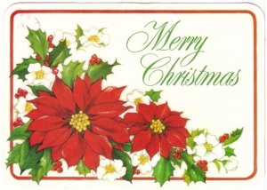 Merry Christmas, Poinsettia, Holly, White Flowers, 1981 Chrome Postcard