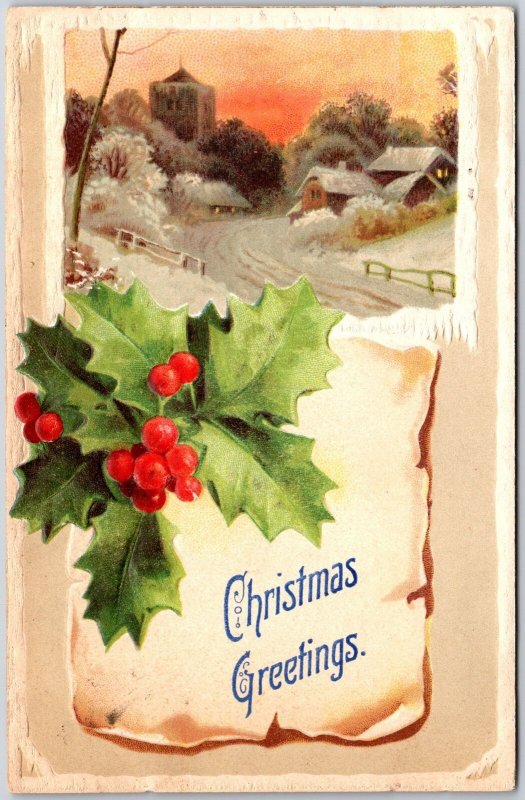 1910's Christmas Greetings Green Leaves Winter Home Posted Postcard