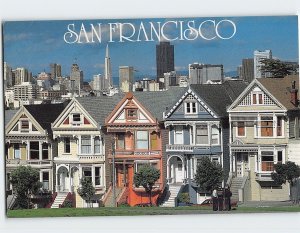 Postcard Victorian homes as seen from Alamo Park, San Francisco, California